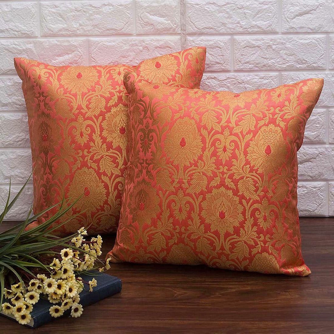 MUGHAL BANARASI Brocade Cushion Covers (Living Coral & Golden)