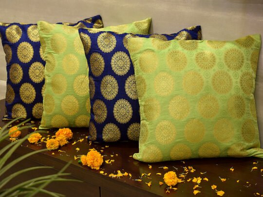 Mandala Brocade Silk Cushion Covers Combo (Blue & Green)