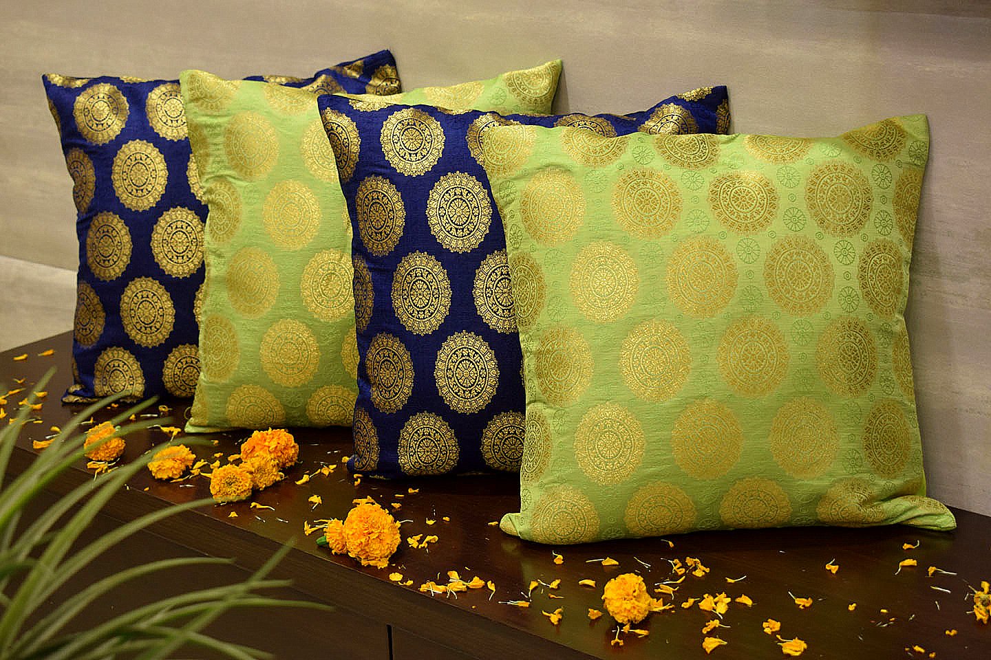 Mandala Brocade Silk Cushion Covers Combo (Blue & Green)