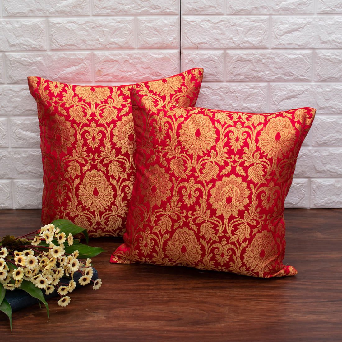 MUGHAL BANARASI Brocade Cushion Covers (Red & Golden)