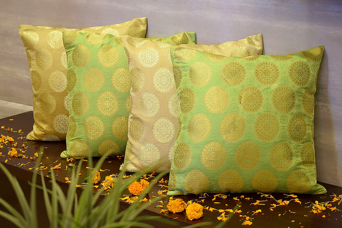 Mandala Brocade Silk Cushion Covers Combo (Green & Beige)