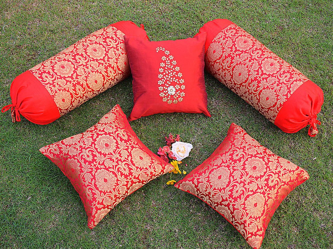5 Piece Pure Brocade Red & Golden Classic Mughal Banarasi Design Diwan Set Combo