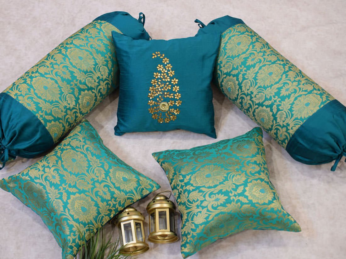 5 Piece Pure Brocade Turquoise Green & Golden Classic MUGHAL BANARASI Design Diwan Set Combo