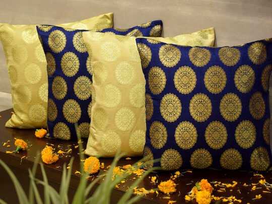 Mandala Brocade Silk Cushion Covers Combo (Blue & Beige)