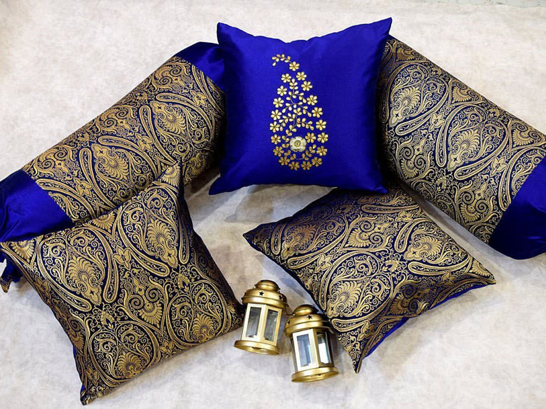 Exuberant & Luxurious 5 Piece Pure Brocade Golden & Blue Classic Jamawar Design Diwan Set
