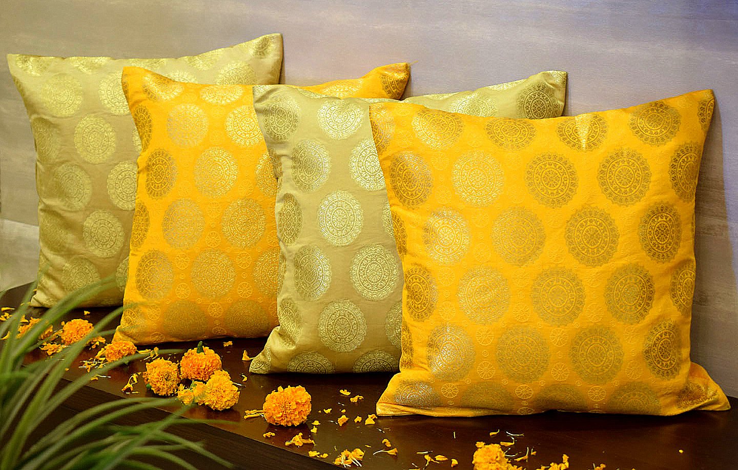 Mandala Brocade Silk Cushion Covers Combo (Beige & Yellow)
