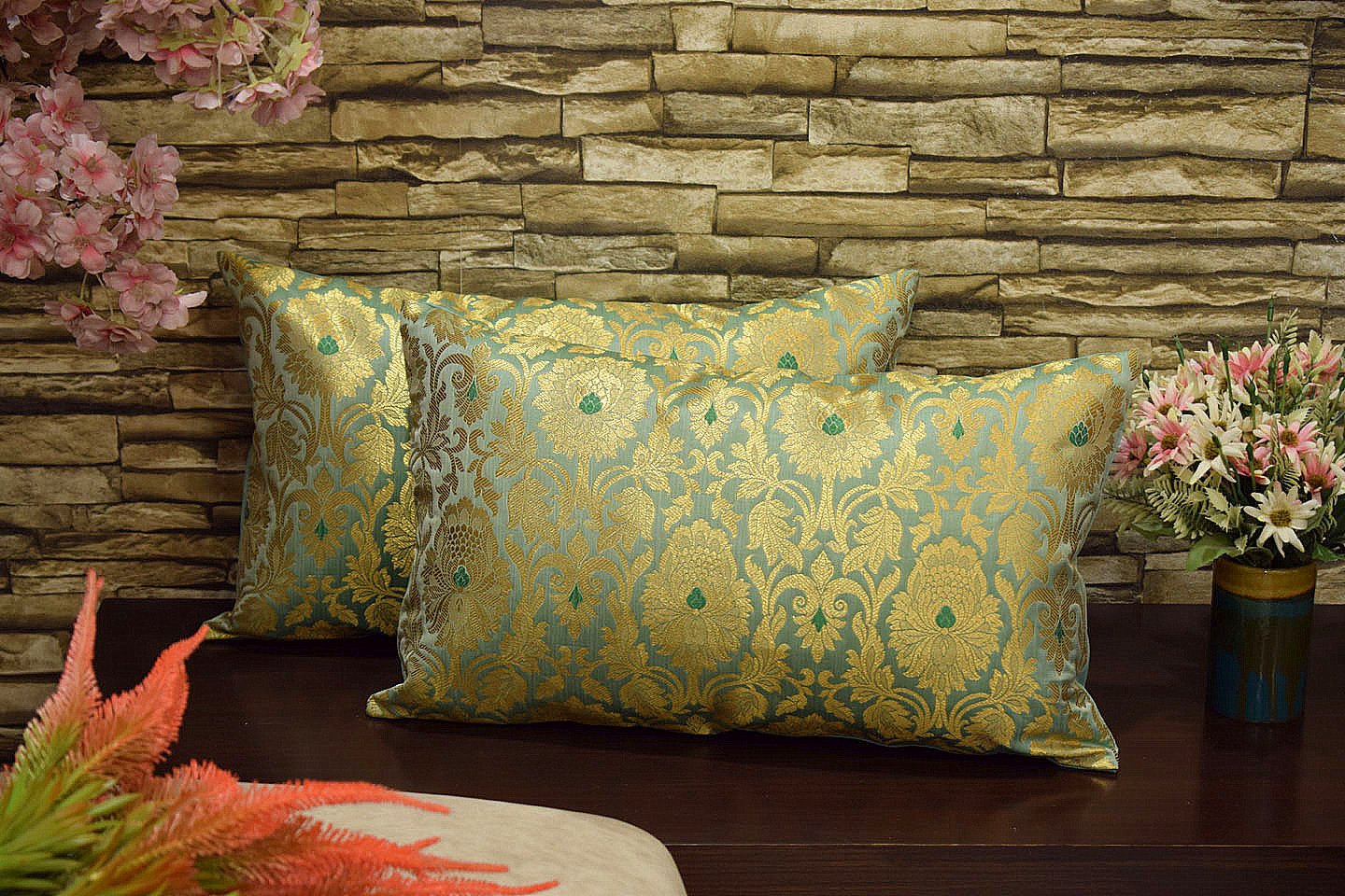 MUGHAL BANARASI Brocade Long Rectangular Cushion Covers (Sage Green & Golden)