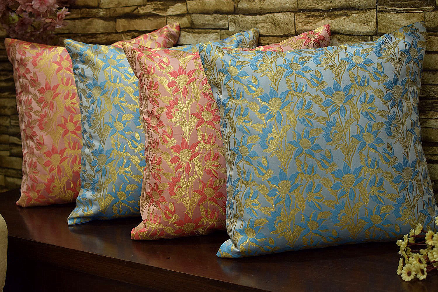 Bageecha Floral Brocade Silk Cushion Covers Combo (Sky Blue & Coral)