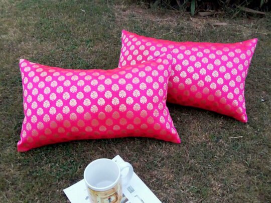 Premium Quality Hot Pink & Golden Brocade Long Cushion Covers