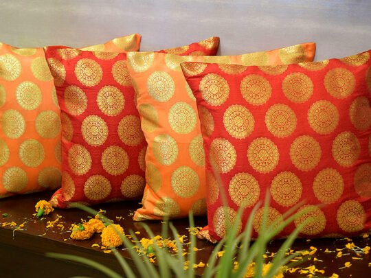 Mandala Brocade Silk Cushion Covers Combo (Red & Orange)