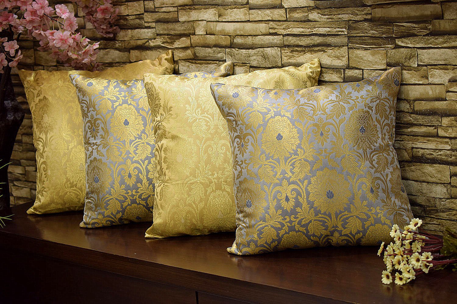MUGHAL BANARASI Brocade Cushion Covers Combo (Marigold & Grey)