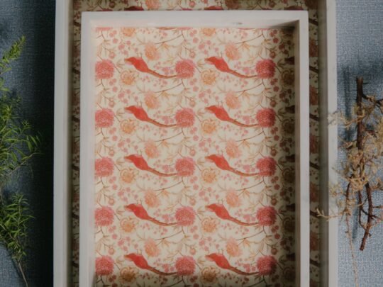 Wooden Artistic Zinnia Floral Pearl White Serving Trays (Set of 2)