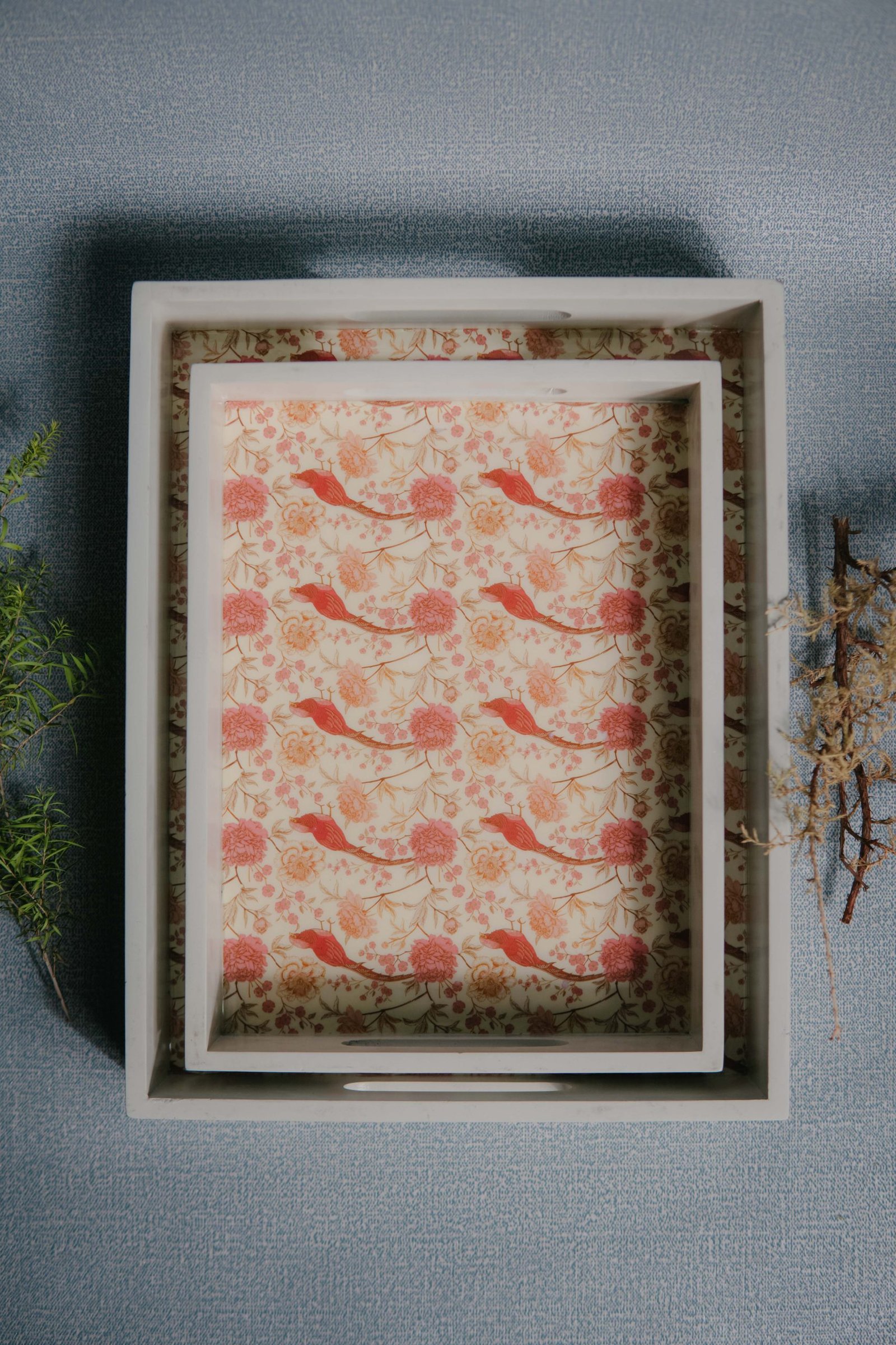 Wooden Artistic Zinnia Floral Pearl White Serving Trays (Set of 2)