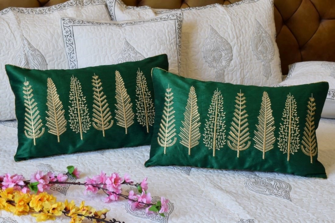 Baag-e-Bahaar Emerald Green Rectangular Cushion Covers