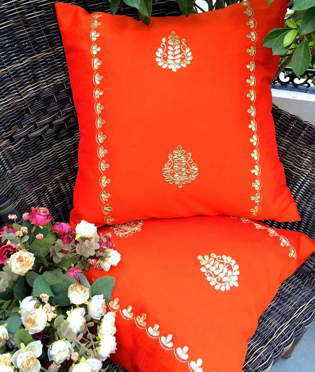 Hand Embroidered Gotta Patti Ethnic Cushion Covers on Flamboyant Orange - Image 2