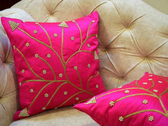 Ferns & Petals All Over Hand Embroidered Magenta Cushion Covers