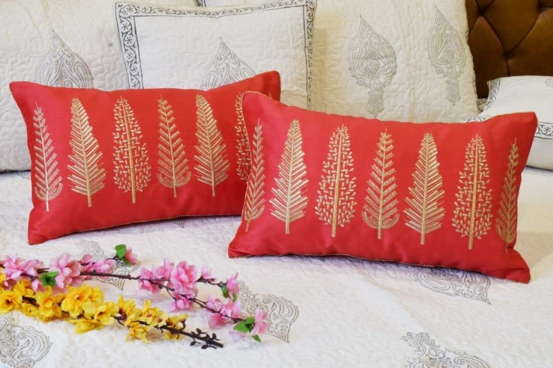 Baag-e-Bahaar Coral Red Rectangular Cushion Covers