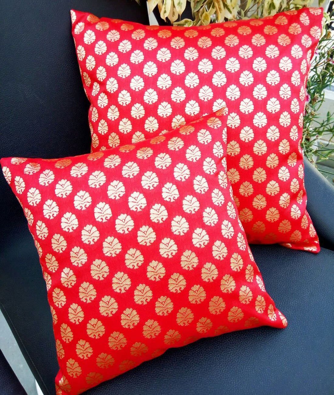 Premium Quality Flamboyant Red & Golden Brocade Cushion Covers