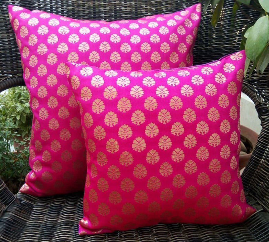 Premium Quality Hot Pink & Golden Brocade Cushion Covers