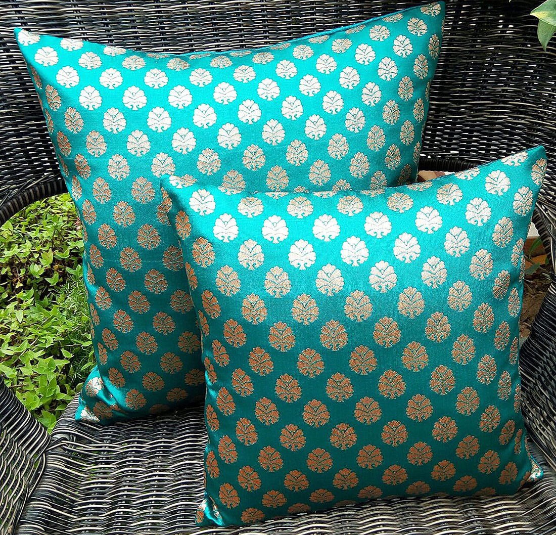 Premium Quality Teal Green & Golden Brocade Cushion Covers