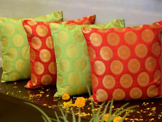 Mandala Brocade Silk Cushion Covers Combo (Red & Green)