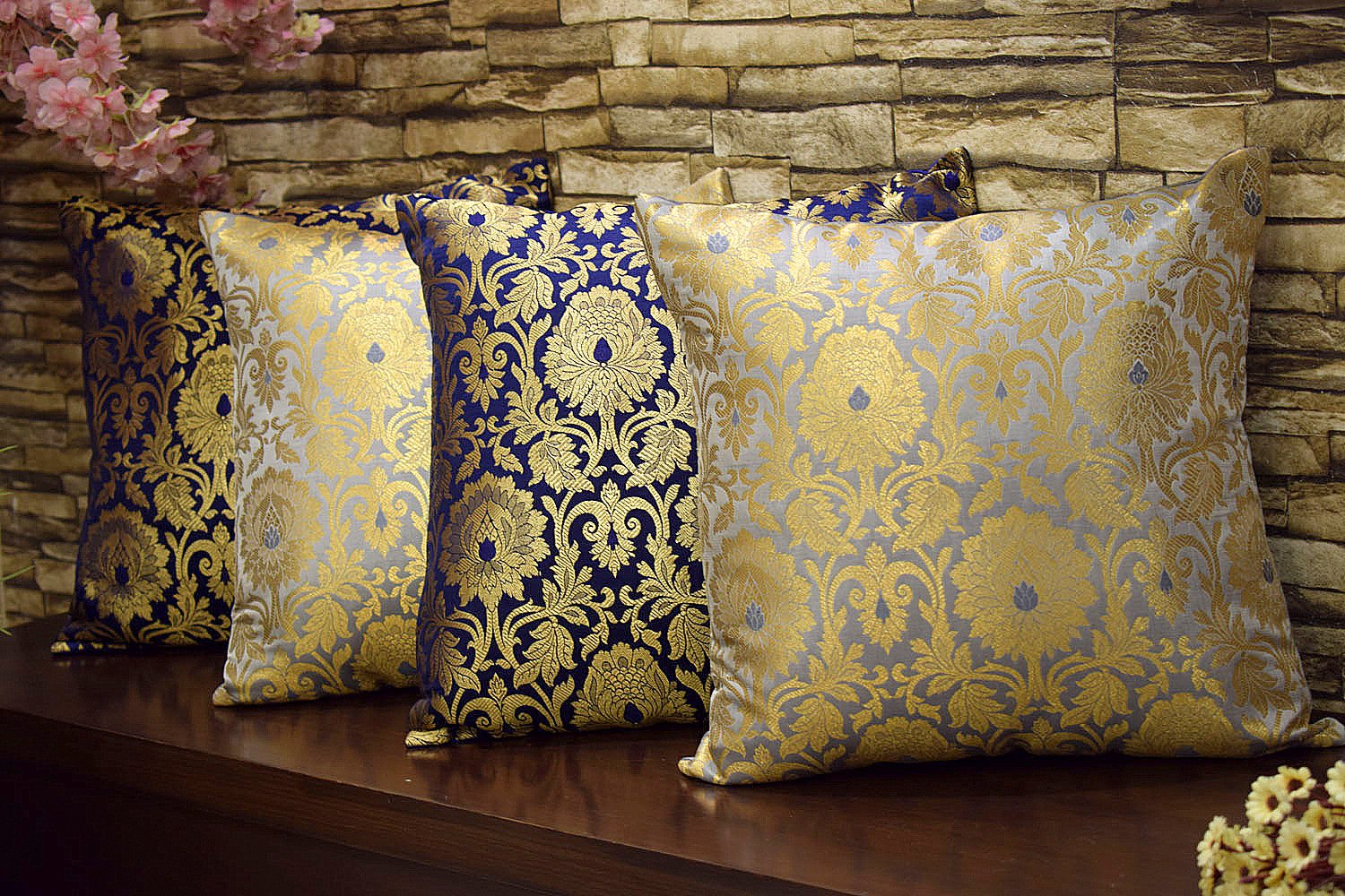 MUGHAL BANARASI Brocade Cushion Covers Combo (Blue & Grey)