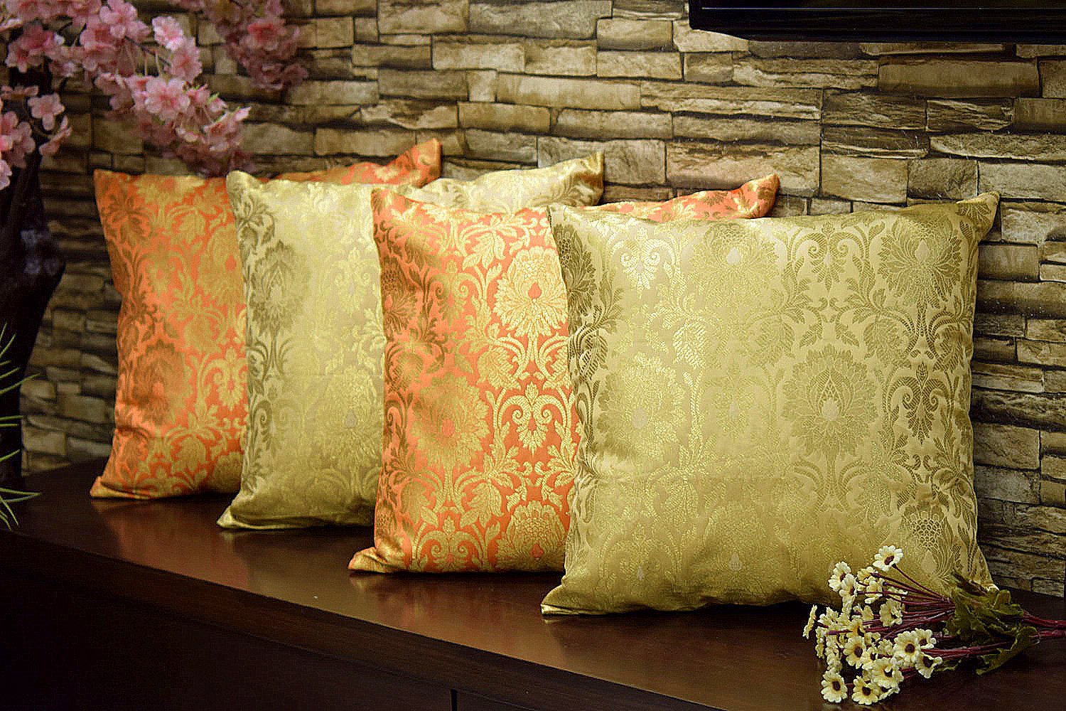 MUGHAL BANARASI Brocade Cushion Covers Combo (Marigold & Orange)