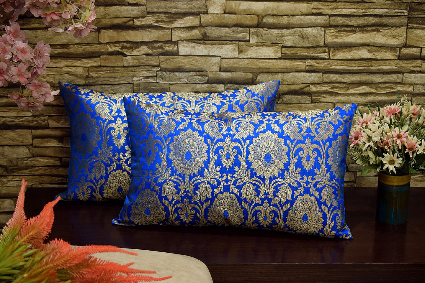 MUGHAL BANARASI Brocade Long Rectangular Cushion Covers (Firozi & Golden)