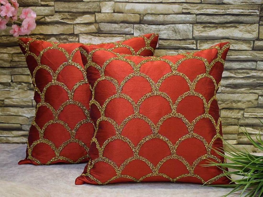 Criss Cross Hand Embroidered Moroccan Gold Embellished Maroon Cushion Covers