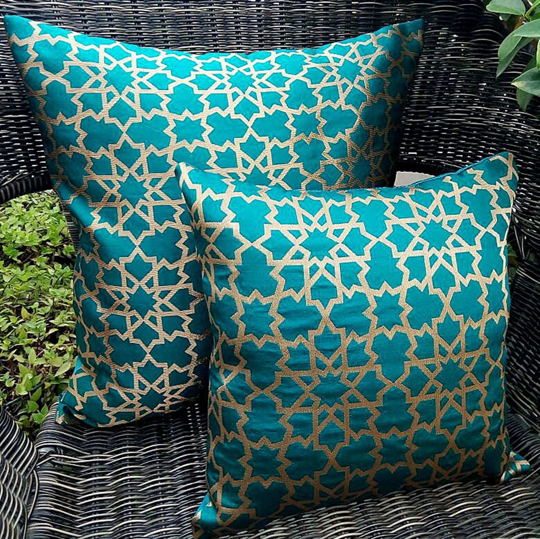 Premium Quality Teal Green & Golden Brocade Geometric Design Cushion Covers - Image 2