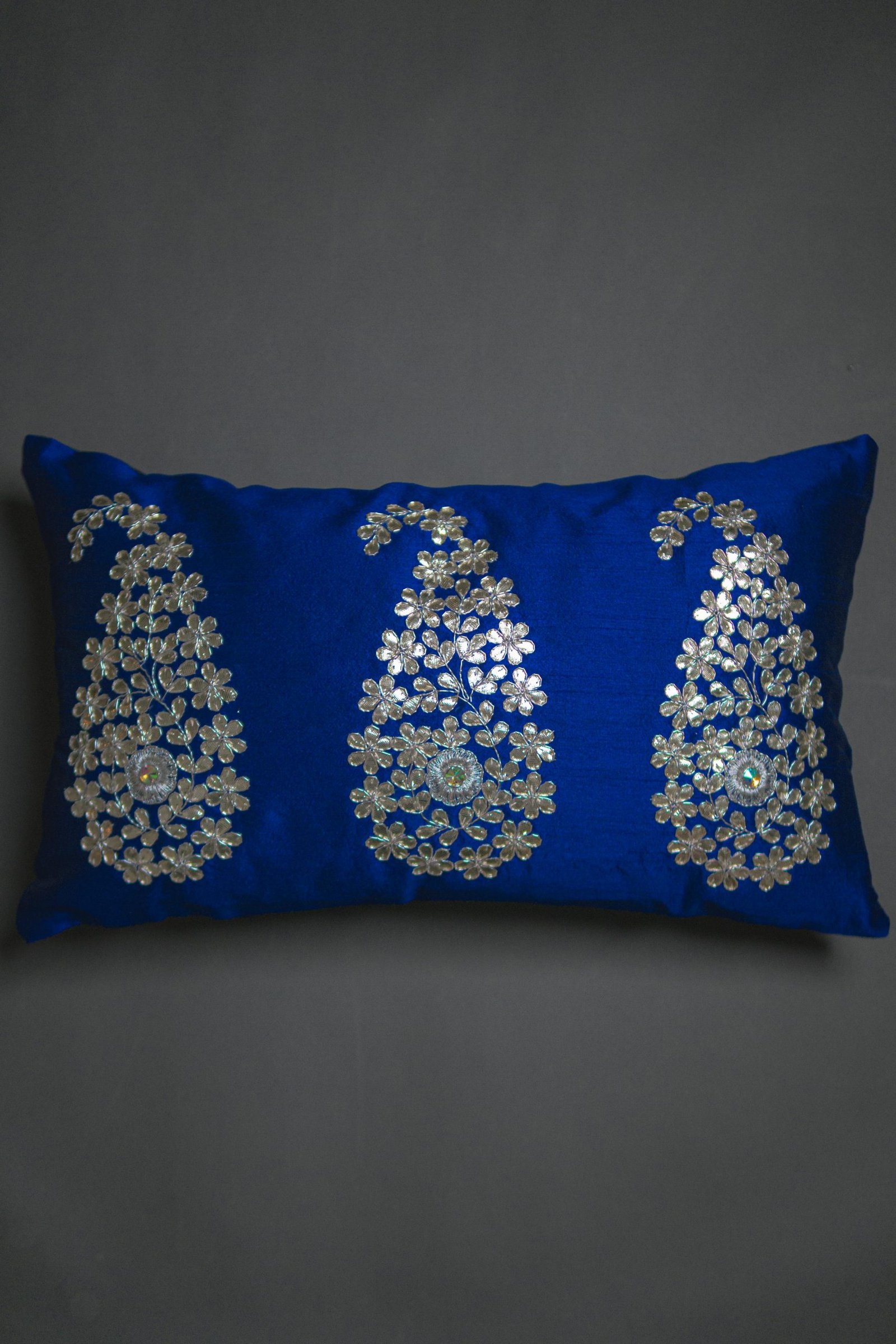 Dark Blue & Silver Paisley Leaf Rectangular Cushion Cover