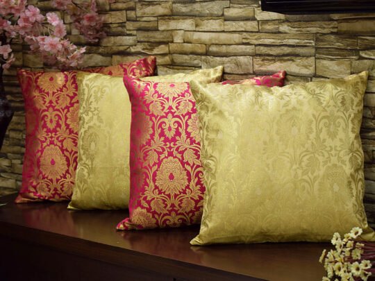 MUGHAL BANARASI Brocade Cushion Covers Combo (Marigold & Bougainvillea Pink)