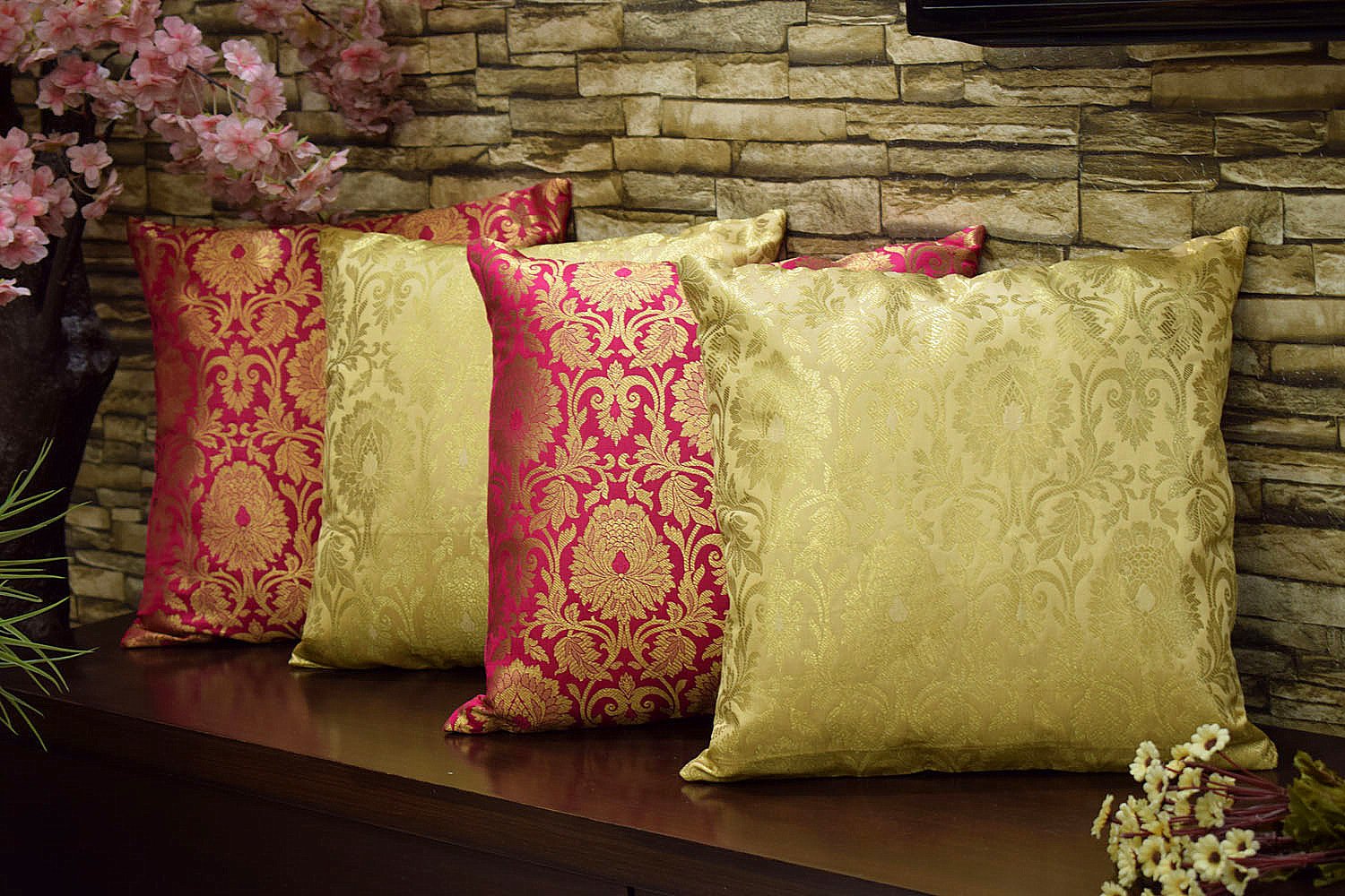 MUGHAL BANARASI Brocade Cushion Covers Combo (Marigold & Bougainvillea Pink)