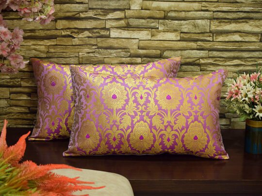 MUGHAL BANARASI Brocade Long Rectangular Cushion Covers (Lavender & Golden)