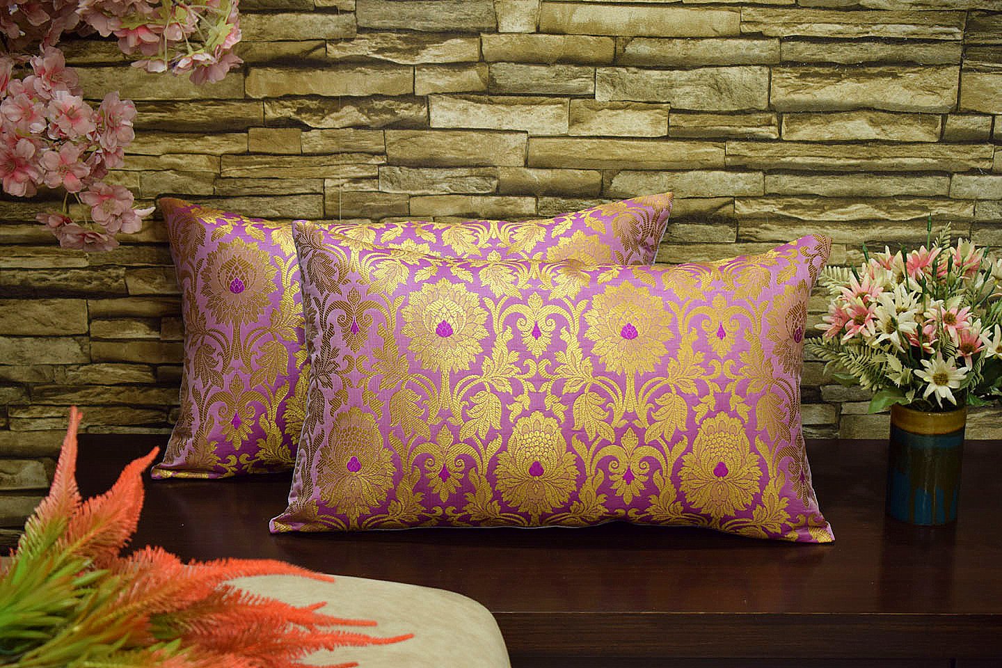 MUGHAL BANARASI Brocade Long Rectangular Cushion Covers (Lavender & Golden)