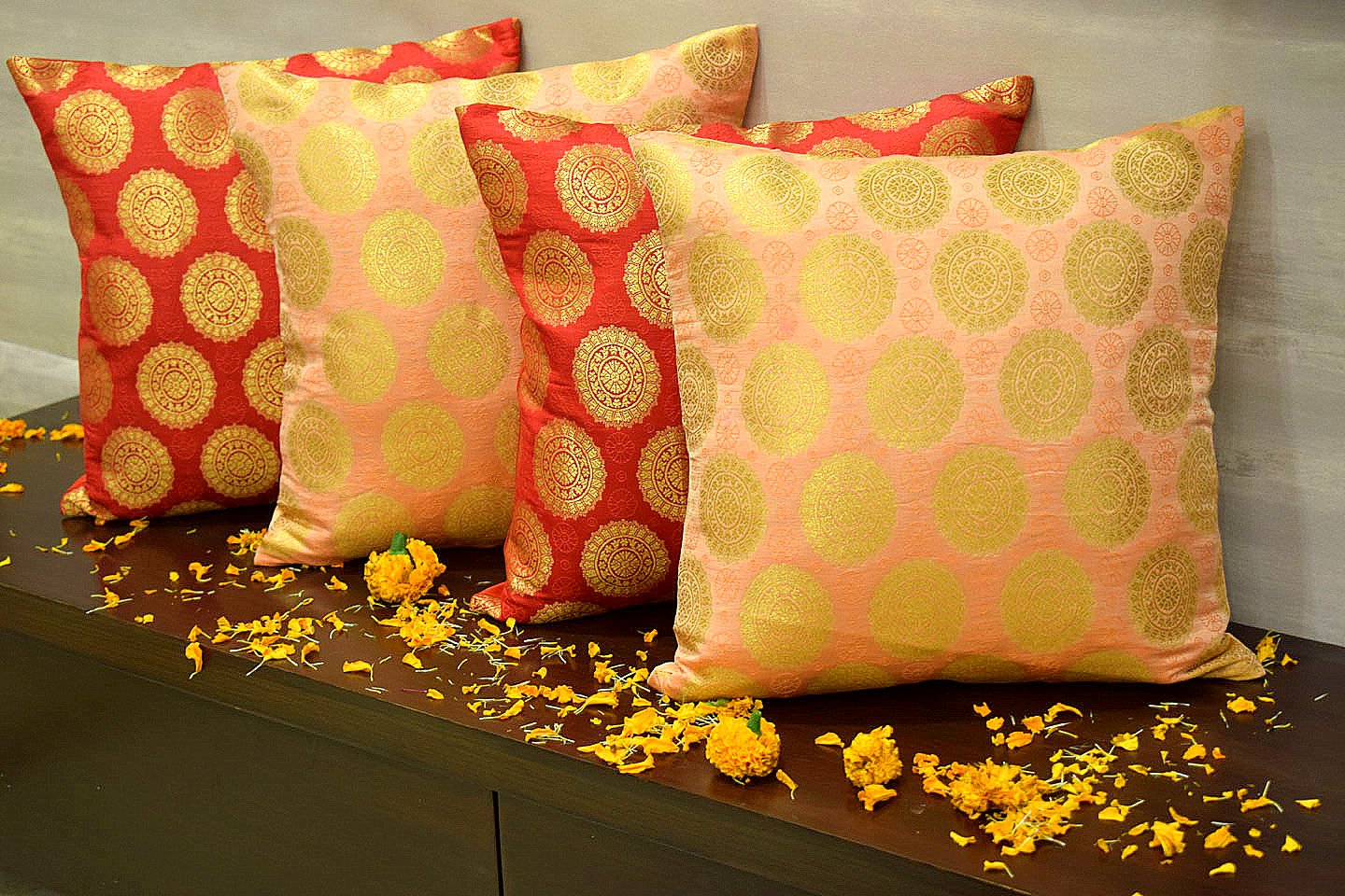 Mandala Brocade Silk Cushion Covers Combo (Red & Coral)