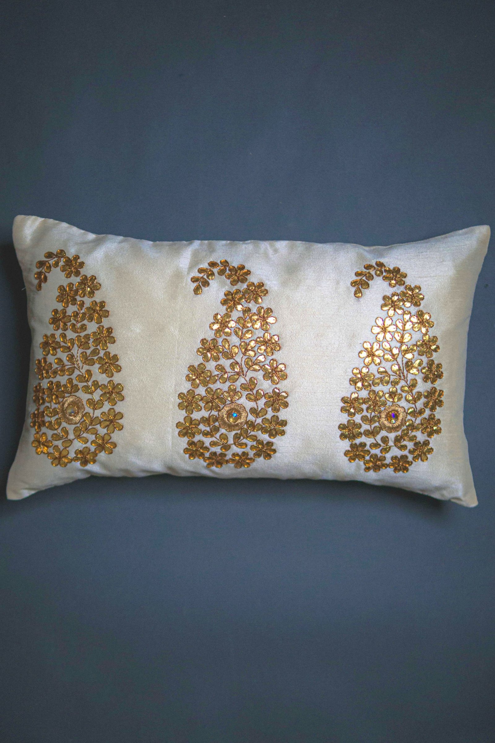 Ivory & Golden Paisley Leaf Rectangular Cushion Cover