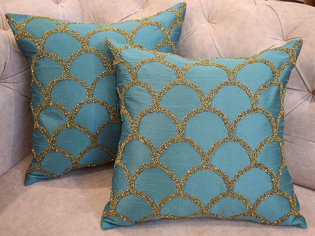 Criss Cross Hand Embroidered Moroccan Gold Embellished Mint Green Cushion Covers