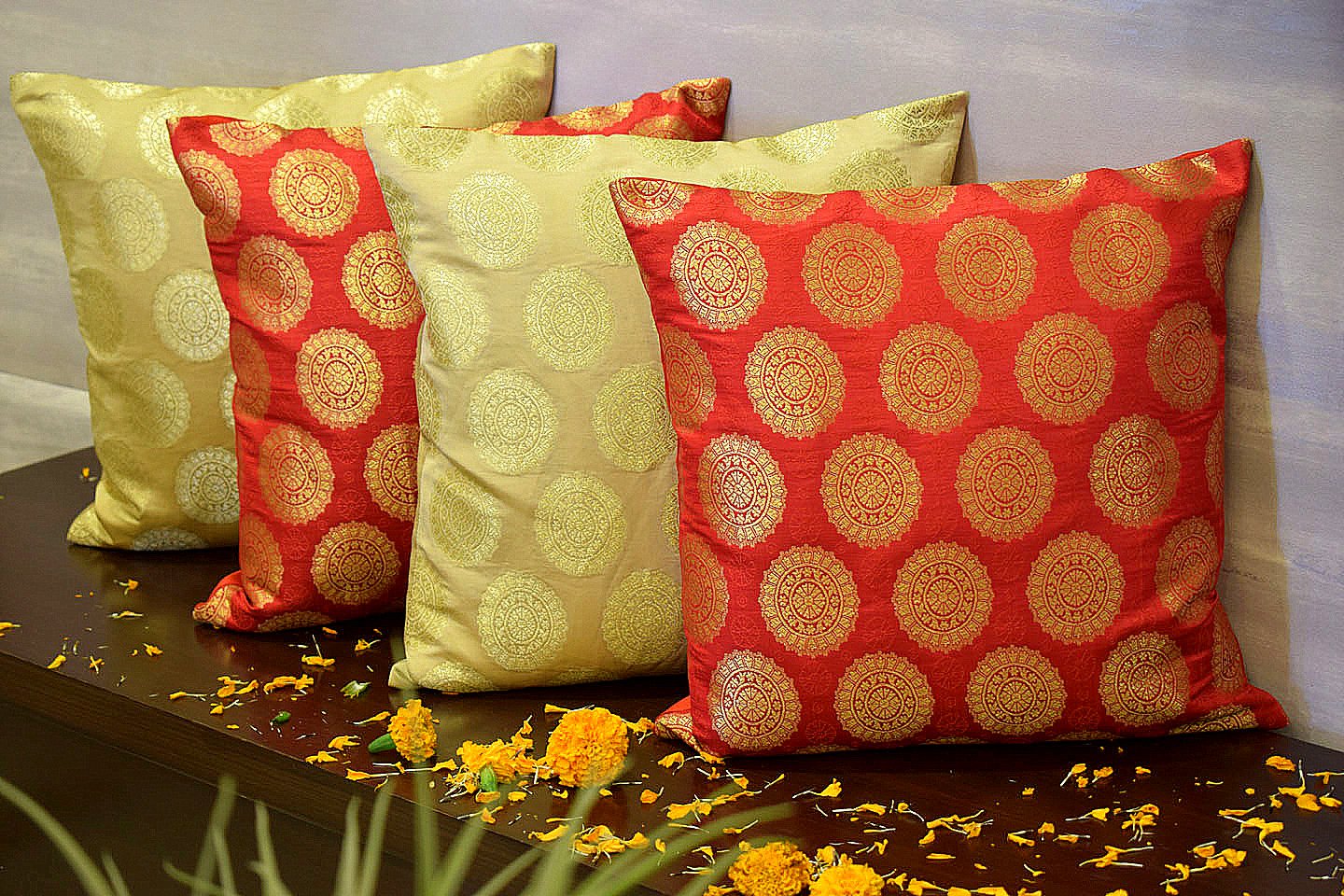 Mandala Brocade Silk Cushion Covers Combo (Red & Beige)