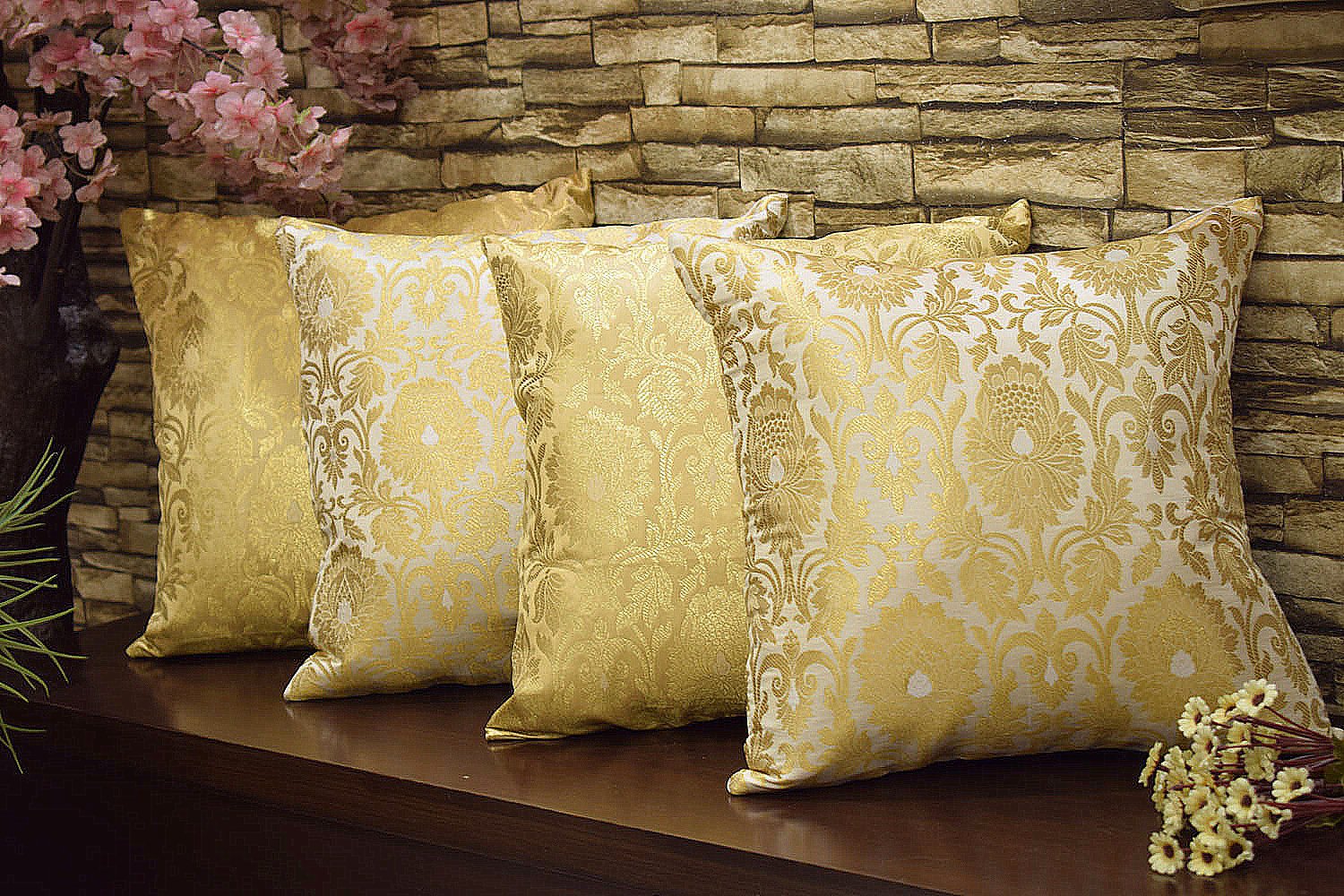 MUGHAL BANARASI Brocade Cushion Covers Combo (Marigold & White)