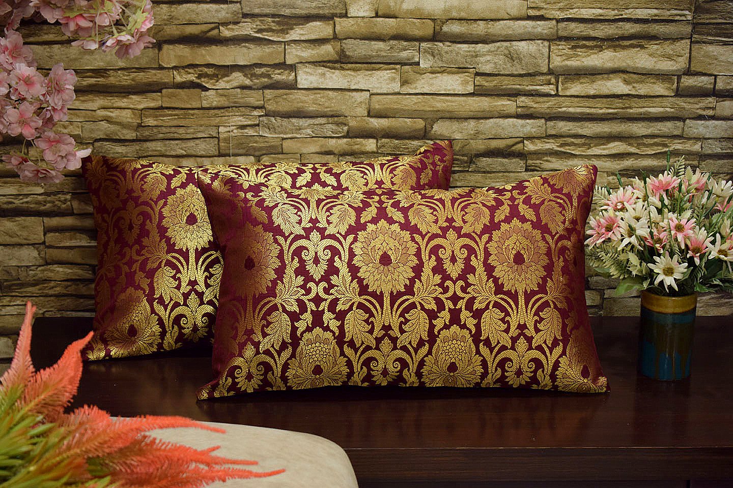 MUGHAL BANARASI Brocade Long Rectangular Cushion Covers (Wine & Golden)
