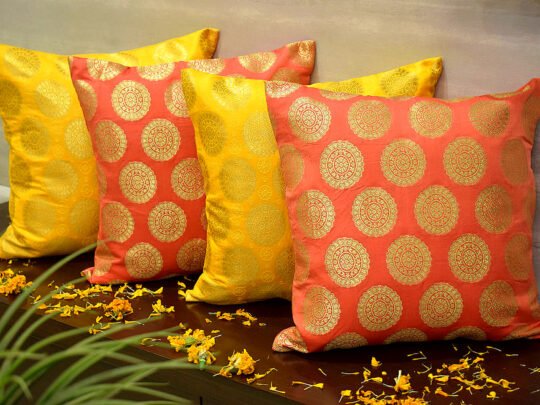 Mandala Brocade Silk Cushion Covers Combo (Peach & Yellow)