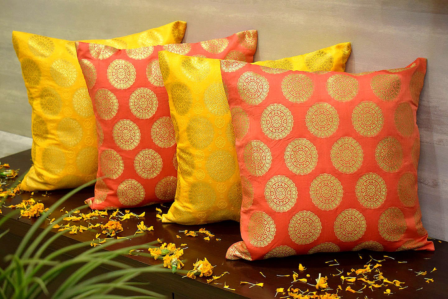 Mandala Brocade Silk Cushion Covers Combo (Peach & Yellow)