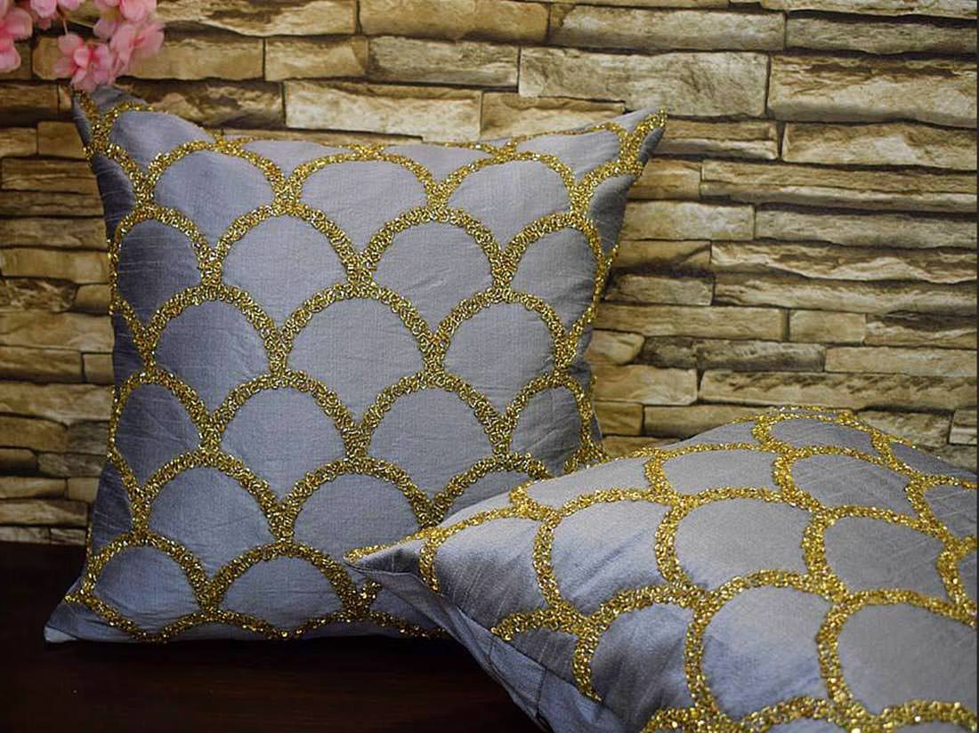 Criss Cross Hand Embroidered Moroccan Gold Embellished Grey Cushion Covers