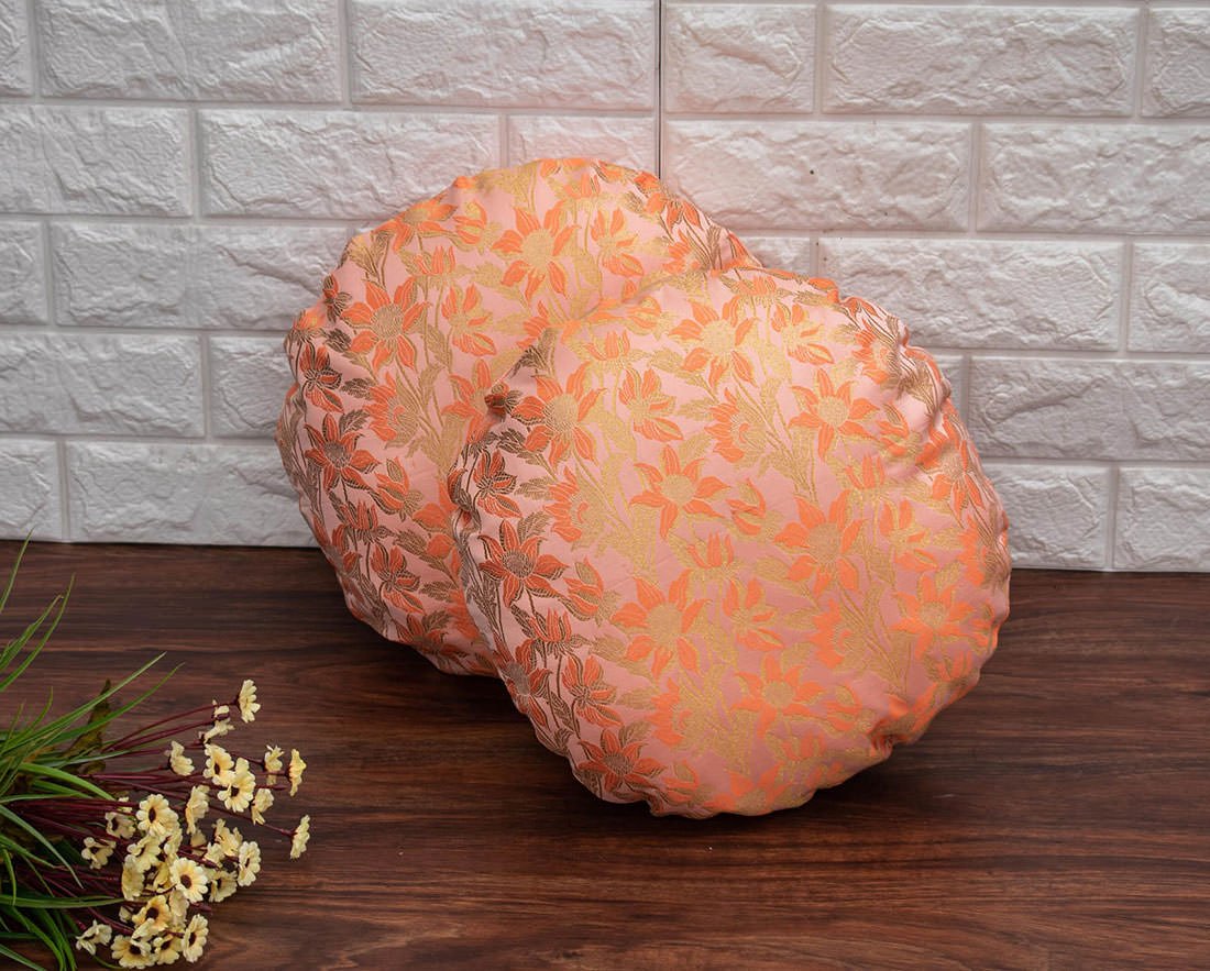 Peach Bageecha Floral Brocade Silk Round Cushion Covers