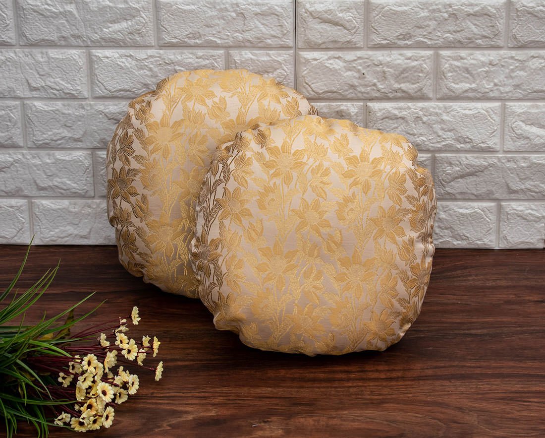 Beige Bageecha Floral Brocade Silk Round Cushion Covers