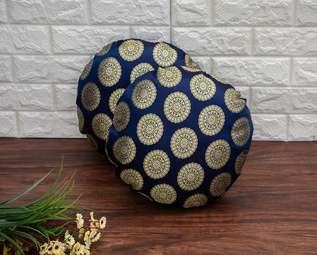 Mandala Brocade Silk Round Cushion Covers (Navy Blue & Golden)