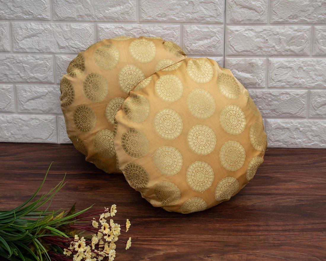 Mandala Brocade Silk Round Cushion Covers (Beige & Golden)