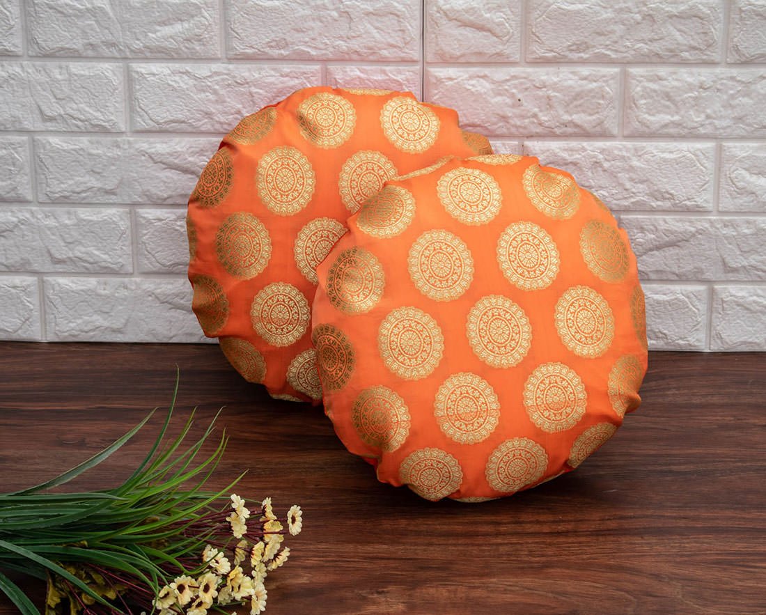 Mandala Brocade Silk Round Cushion Covers (Orange & Golden)