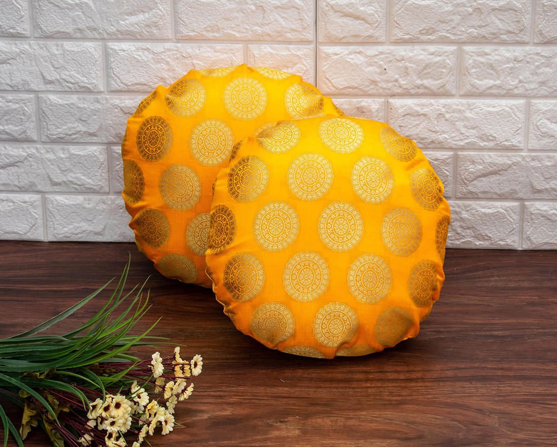 Mandala Brocade Silk Round Cushion Covers (Yellow & Golden)